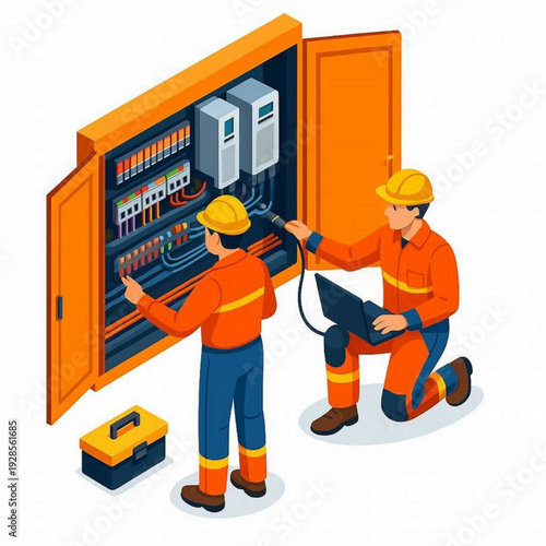 Electrical Technician Inspecting Power Control Panel Maintenance Isometric Vector Illustration