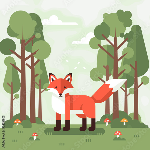 A charming flat illustration of a red fox standing in a lush green forest with tall trees and small mushrooms scattered around.