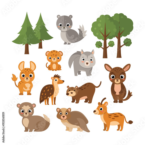 A charming collection of diverse wild animals and trees, rendered in a cute, cartoonish style, perfect for educational or decorative purposes.