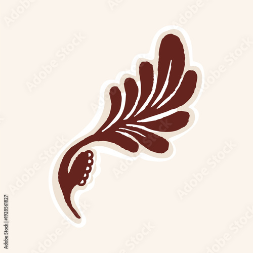 Hand drawn floral leaf accent flourish illustration motif. Ethnic block print style botanical flower shape. Isolated flat vector editable. Decorative indian style art corner bloom design element