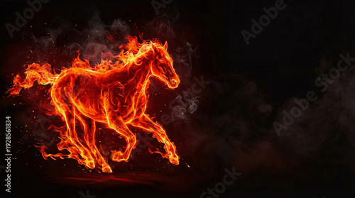 Fiery horse illustration created with flame effects and dramatic lighting, showcasing a horse in motion with glowing orange flames and smoke.