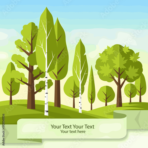 A vibrant, stylized illustration of a lush green forest with various trees under a bright, gradient sky, featuring a light green banner for text.