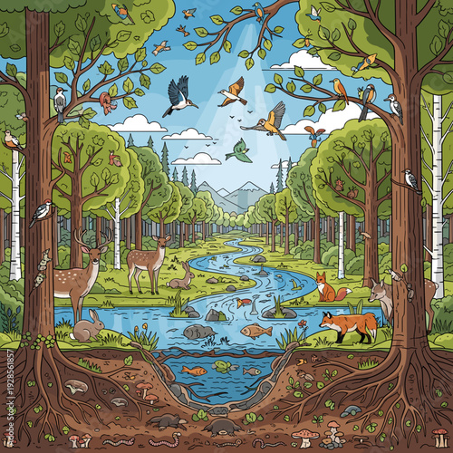 A vibrant, detailed illustration of a lush forest ecosystem with a winding river, diverse wildlife, and abundant plant life.