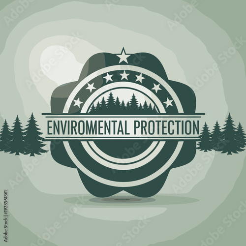 A stylized emblem for environmental protection featuring a forest silhouette and stars against a muted, layered background.