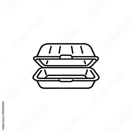 Open disposable food container black and white vector icon for takeaway packaging and disposable tableware design
