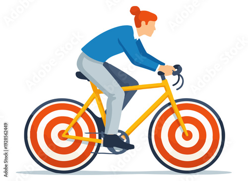 Red-haired businessperson in blue shirt and gray pants riding a yellow bicycle with red and white target wheels, isolated on white background