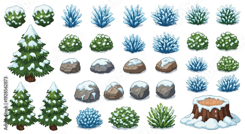 A diverse collection of winter-themed natural elements, including snow-covered trees, green and blue bushes, rocks, and a tree stump, rendered in a cartoon style.