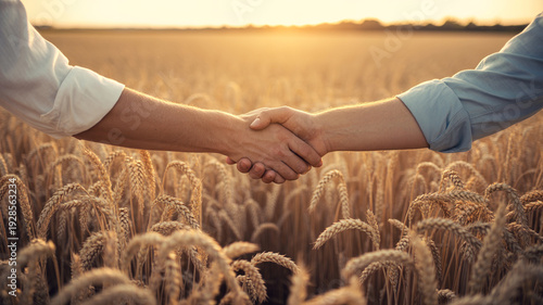 Two people shaking hands in a golden wheat field at sunset symbolizing partnership and agreement