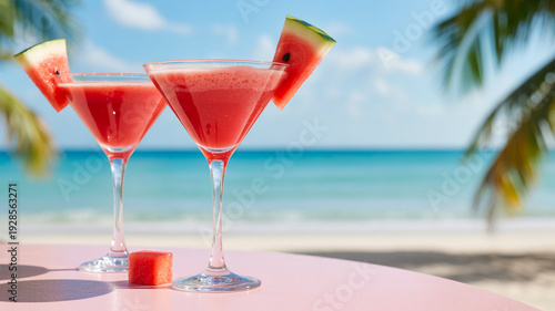 Refreshing watermelon cocktails on a pink table with a tropical beach and blue ocean backdrop