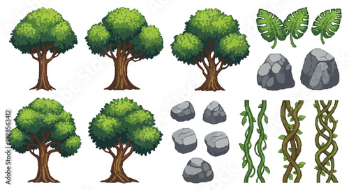 This vector image presents a collection of stylized cartoon nature elements including various trees, rocks, tropical leaves, and leafy vines.