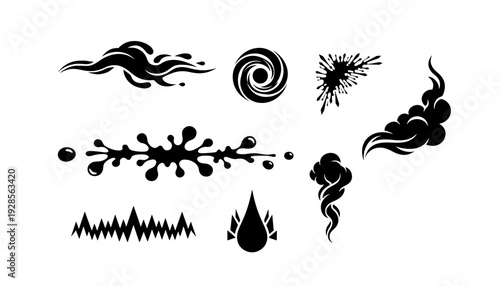 Black vector silhouette collection of abstract smoke plumes, fluid ink splatters, decorative corner borders, and spiky dividers on white background