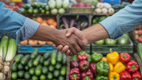 A handshake between two people amidst a vibrant display of fresh produce at a market