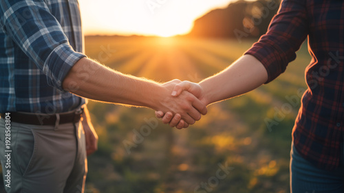 Two people shaking hands in a field at sunset symbolizing partnership and agreement