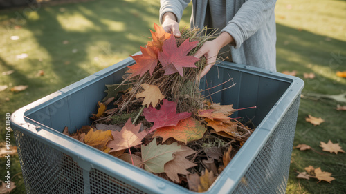 Person collecting fallen autumn leaves and placing them into a gray plastic garden bin