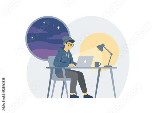 Man Working Late on Laptop.