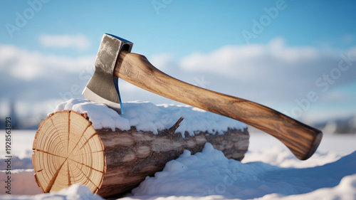 An axe rests on a snow covered log in a winter landscape under a bright