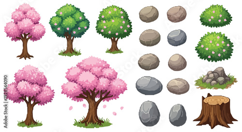 A vibrant collection of cartoon-style nature assets features pink flowering trees, green foliage, assorted rocks, blooming bushes, and a tree stump.