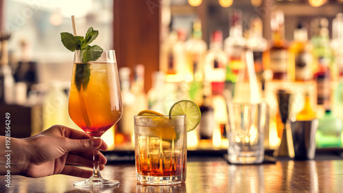 Refreshing cocktail in a stemmed glass held by a hand with bar background and other