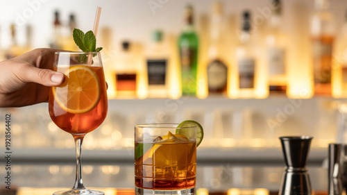 Hand holding an orange cocktail with mint and orange slice drinks on a bar background
