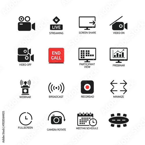 Modern Communication Technology Icons A Versatile Collection of Simple Vector Graphics for Video Conferencing, Virtual Meetings, and Live Broadcast Functions