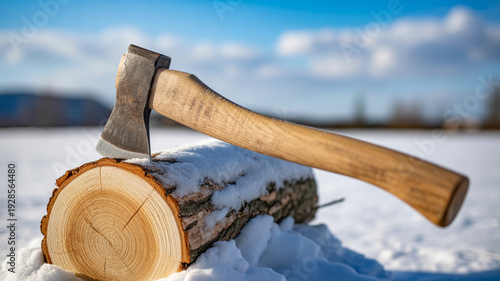An axe rests on a snow covered log outdoors with a blurred winter landscape backdrop