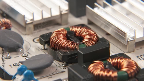 Close up slow motion of TV television video power supply electronic electronics board for internal media with transisteos, transformers, heat sink, and small wires and cables attached to inside device