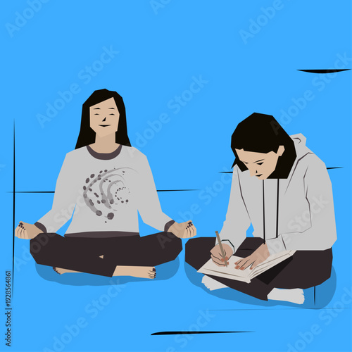 Two girls practicing mindfulness meditation and journaling wellness activities vector illustration