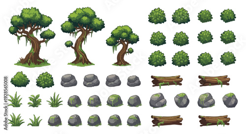A collection of diverse cartoon-style natural environment assets including trees, bushes, rocks, logs, and various types of grass for game design or illustration.