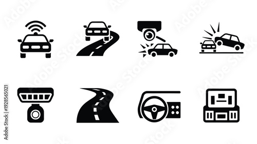 Car Dashboard Camera Icon Set, dash cam recording, accident monitoring, traffic security vehicle control system vector icons.