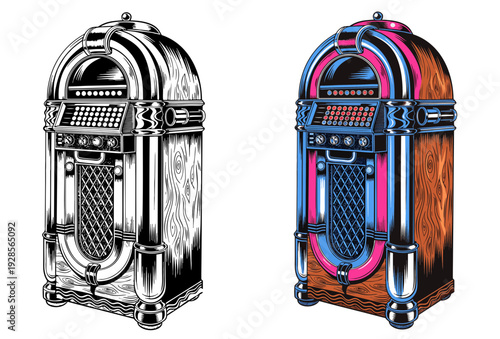Vintage jukeboxes displayed side by side in a nostalgic setting, showcasing music and entertainment