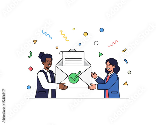 Flat Line Vector Job Offer Accepted Illustration: Diverse Happy Office Workers Holding Approved Envelope Checkmark Confetti Celebration