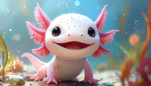Adorable Axolotl Illustration - A Smiling Amphibian in a Vibrant Underwater World.