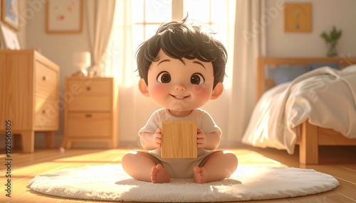 Adorable Baby Enjoying a Snack in a Sunny Room.