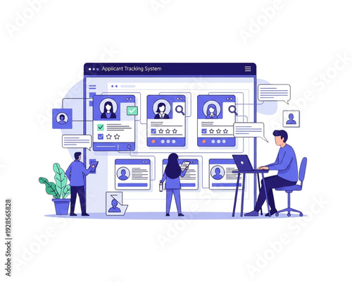 Applicant Tracking System ATS Dashboard – HR Recruitment Team Screening Candidate Profiles, Resume Review, Star Ratings, Hiring Workflow, Flat Vector Illustration
