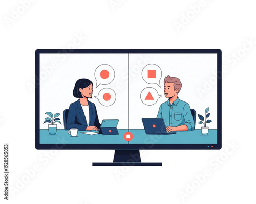 Remote Video Conference on Monitor – Online Meeting, Virtual Interview, Business Communication, Telework Team Chat, Split Screen Colleagues, Flat Vector Illustration, Transparent Background
