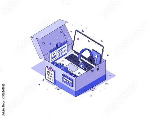 Employee Onboarding Welcome Kit Box – Laptop, Headset, ID Badge, Checklist and Access Keycard, HR Orientation Starter Pack, Isometric Flat Vector Illustration