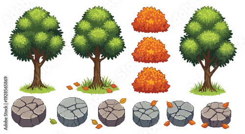 A collection of isometric game assets features green and autumn trees, bushes, and various stone ground tiles, some with fallen leaves.