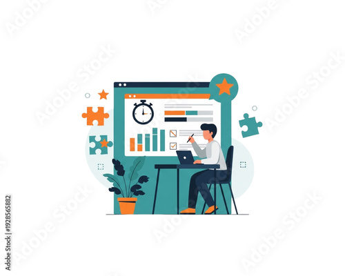 Skills Assessment Dashboard – Employee Performance Evaluation, Rating Checklist, Analytics Chart, Clock Deadline and Puzzle Solution, Flat Vector Illustration Isolated on Transparent Background