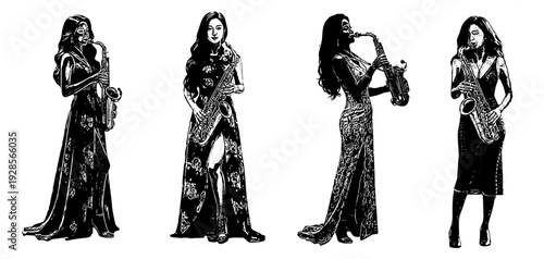 Silhouette vector illustration set of a woman playing saxophone