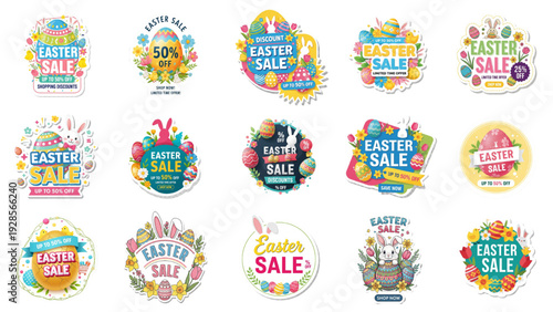 Easter Sale Badge Set – Colorful Spring Discount Labels, Stickers, Tags and Seals with Bunny and Egg, Retro Typography Vector Illustration