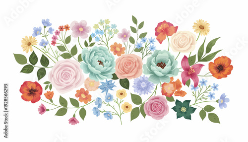 A beautiful and colorful illustration of various blooming flowers and green leaves arranged in a decorative cluster on a white background.