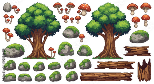 A diverse collection of pixel art game assets featuring trees, various mushrooms, mossy rocks, and wooden logs and stumps on a white background.