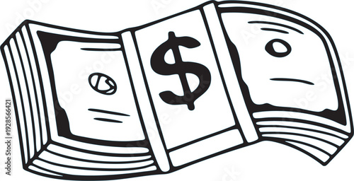 Stack of US dollar bills tied with a band simple black and white illustration representing finance and wealth perfect for financial concepts