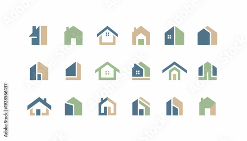 A collection of 18 minimalist and abstract house icons or logos, featuring various stylized building designs in a muted color palette of blue, green, and beige.