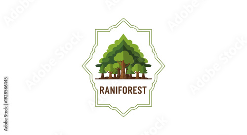 Rainforest logo with green trees.
