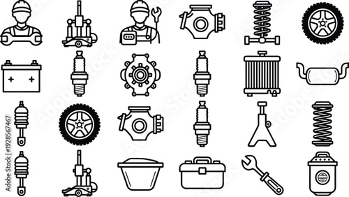 Comprehensive collection of automotive repair and maintenance icons featuring car parts, mechanic tools, and vehicle service symbols in black and white vector illustration design