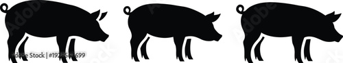 Stylized black silhouettes of three pigs standing side by side, facing right, with curled tails, simple design, and uniform agricultural animal representation