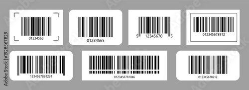 Set of barcode stickers fake with different thick and thin lines. Vertical streaks, strips with random information lines. Abstract geometric texture background for retail, supermarket