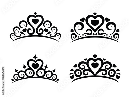 Elegant Vector Princess Crowns and Tiaras, heart decoration royal jewelry collection, luxury queen and princess headpiece illustration set.