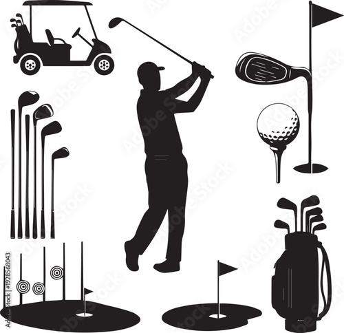Golf Equipment and Player Silhouette Set - Professional Golfing Icons and Vector Elements